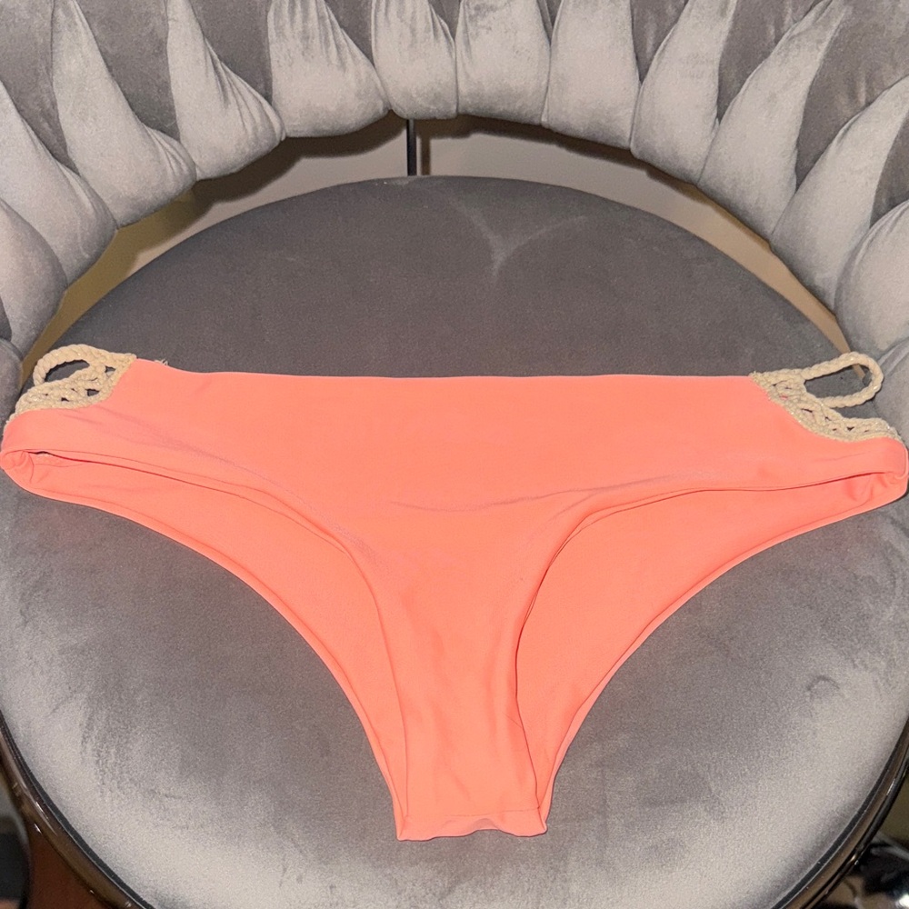 Luli Fama Coral Bikini Bottom with Braided Cream Side Straps